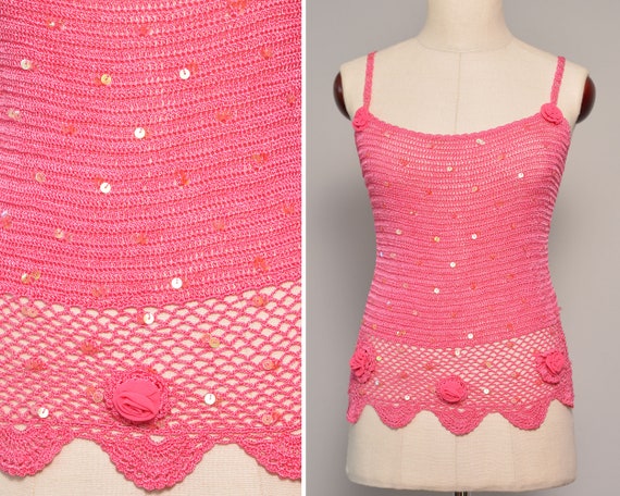 90s Crochet Top | Pink Sheer Mesh Spaghetti Strap