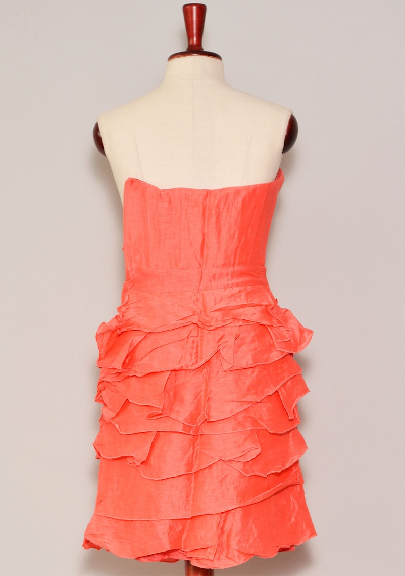 Tiered Layered Wedding Guest Dress Linen Silk Blend Coral Prom Dress Strapless Pink Ruffle Tight Dress Petite Size 0 Event Dress XXS