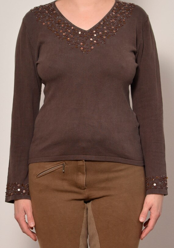 Size 8 | Sequin Beaded Applique Brown Blouse | Lo… - image 4