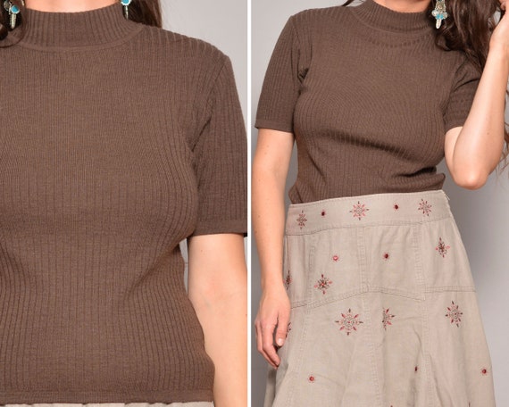 Merino Sweater 90s Wool Vintage Brown Turtleneck S