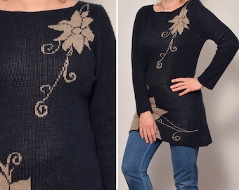 Size 8 10 | Acrylic Wool Alpaca Viscose Tunic Sweater | Boat Neckline Floral Long Pullover Sweater | Navy Blue Beige Soft Sweater