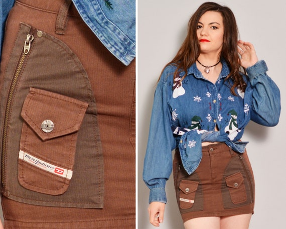 Brown Mini Cargo Skirt | Zipped Flap Pockets Pinst
