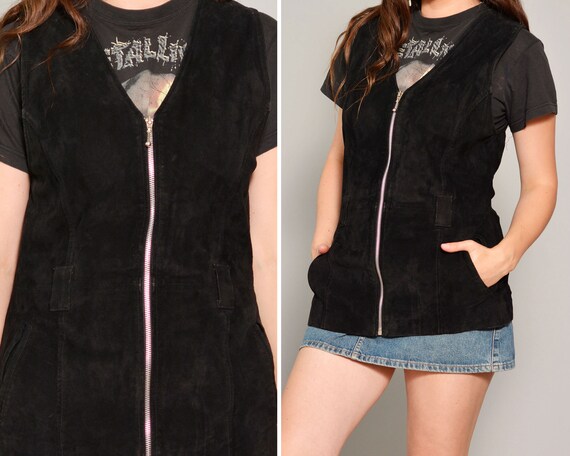 Black Leather Long Biker Vest | Suede Zipped Vest