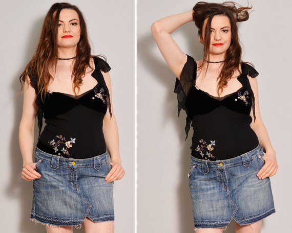 low rise denim skirt