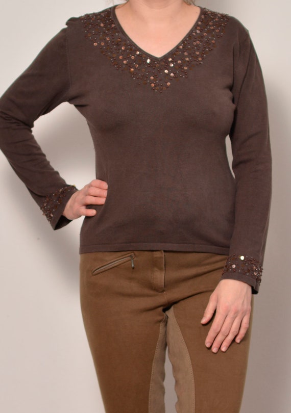 Size 8 | Sequin Beaded Applique Brown Blouse | Lo… - image 3