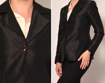 Size 10 | Sleek Minimalist Stefanel Black Blazer | Notched Collar Glossy Formal Jacket made in Italy | 00s Vintage Sigle Breasted Classic