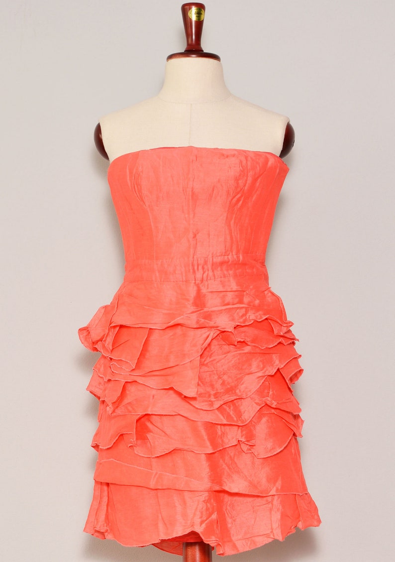 Tiered Layered Wedding Guest Dress Linen Silk Blend Coral Prom Dress Strapless Pink Ruffle Tight Dress Petite Size 0 Event Dress XXS