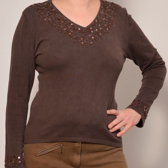 Size 8 | Sequin Beaded Applique Brown Blouse | Lo… - image 2