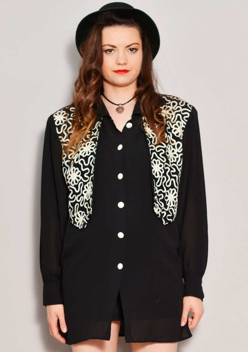 Sheer Black Shirt with Vest Cuff Sleeve Bohemian Shirt Large XL White Cord Embroidery Vested Shirt Flower Pattern Retro 80s Shirt