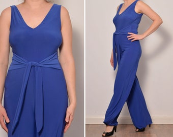 Size 8 to 10 | Tie Waist Blue Elastic Jumpsuit | Wide Leg Summer Disco Style Jumpsuit Sleeveless V Neck Stretchy Jumpsuit Fitted 00s Vintage