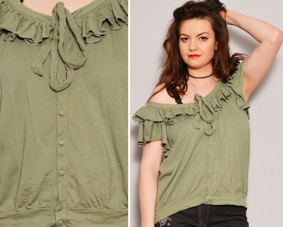 Statement Ruffle Green Bubble Blouse | Tie Necklin