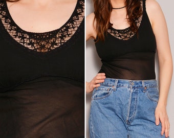 Size 6 to 8 | Floral Lace Trim Black Ann Taylor See Through Top | Sleeveless Thin Sheer Tank Top | Sexy Paper Thin Party Top Crochet Detail