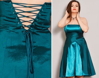 Size 6 8 | Turquoise Lace Back Taffeta 90s Prom Dress | Gateway Front Double Sided Fabric Dress | Shiny Strapless New Years Gown Fit Flare