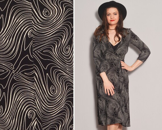 Black and White Wrap Dress | Swirl Pattern Deep V