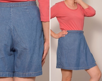 Size 10 | Blue Medium Wash Denim Retro Skorts | 90s Vintage Wrap Design Jean Skirt | Belted High Waist Zipper Fly Jean Shorts Minimal Skort