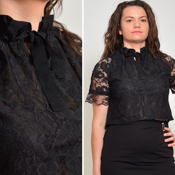 Size US6 | Sheer Black Lace Tie Back Top | Ribbon Short Sleeve See Through Ruffle Cropped Lined Party Evening Date Night Vintage High Neck