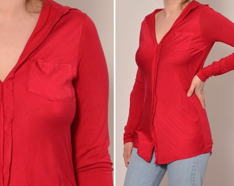 Size 10 | Hot Red Soft Italian Nolita Blouse with Chest Pockets | Large