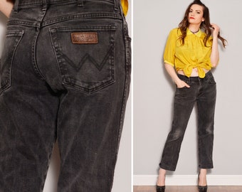 Size 8 10 | Faded Black Wrangler Grunge Jeans | 90s Cropped Mid Waist Denim Pants | Straight Leg Vintage Jeans | Dark Grey Washed Jean Pants