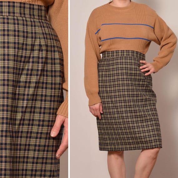 Plaid Wool Preppy Skirt Size 12 Pattern High Waisted Black White Olive Green Skirt Back Slit Short Tartan Skirt 90s Sheath Etsy UK