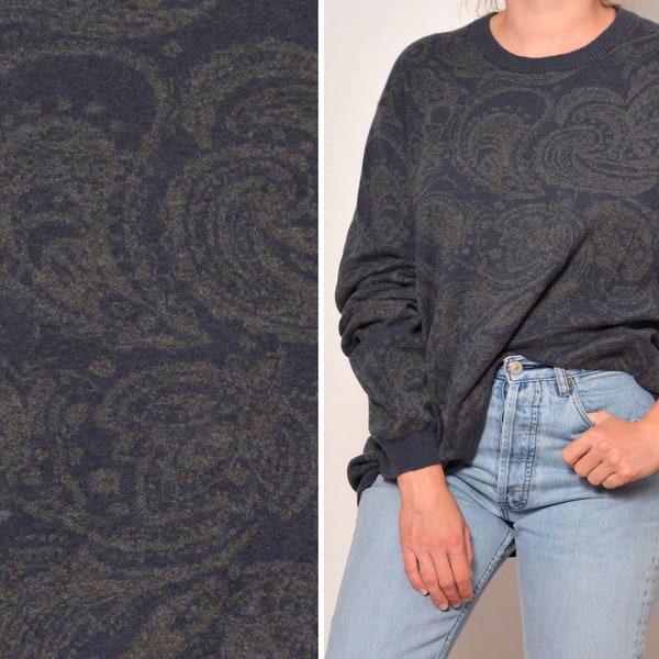 Size XL | Paisley Pattern Blue Grey Pullover Sweater | Crew Neck Ribbed Trim Supima Cotton Mens Sweater | Faux Suede Elbow Patch Boyfriend