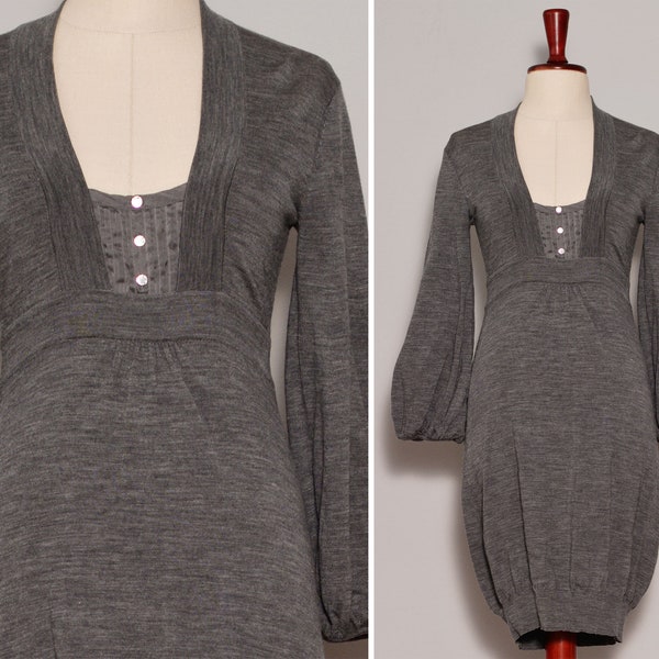 Size 4 6 | Grey Wool Blend Bubble Dress | Bishop Sleeve Stretchy Winter Dress | Double Neckline Cute Minimalist Dress | Extra Small
