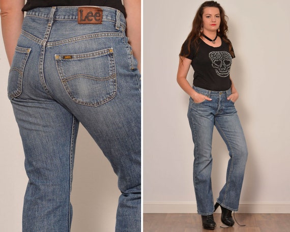 Size M W32 L30 Medium Wash Unisex Bootcut Jeans Button Fly Flare