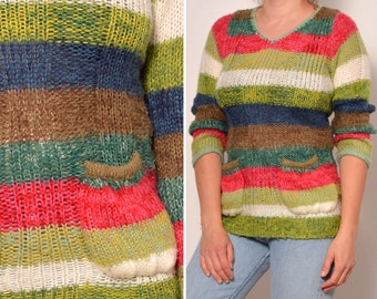 Size 6 8 | Striped Pattern Colorful Pullover Sweater | Pink Green V Neck Sweater with Pockets  | Long Sleeve Stretchy Acrylic Multicolor