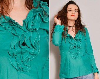 Size 4 6 | Tiered Ruffle Collar Riccovero Blouse | Turquoise Silk Blend Blouse | Girly Button Up V Neck Blouse | Delicate Airy Thin Ruffle