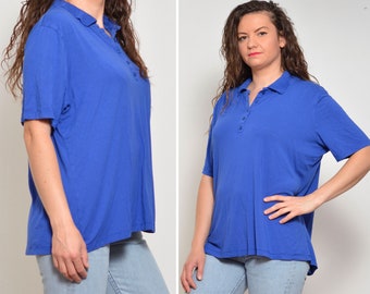 Size L | Cobalt Blue Basic Polo Shirt | Ribbed Collar Button Up Viscose T Shirt Short Sleeve Summer Thin Preppy Minimalist Golf Club 1990s