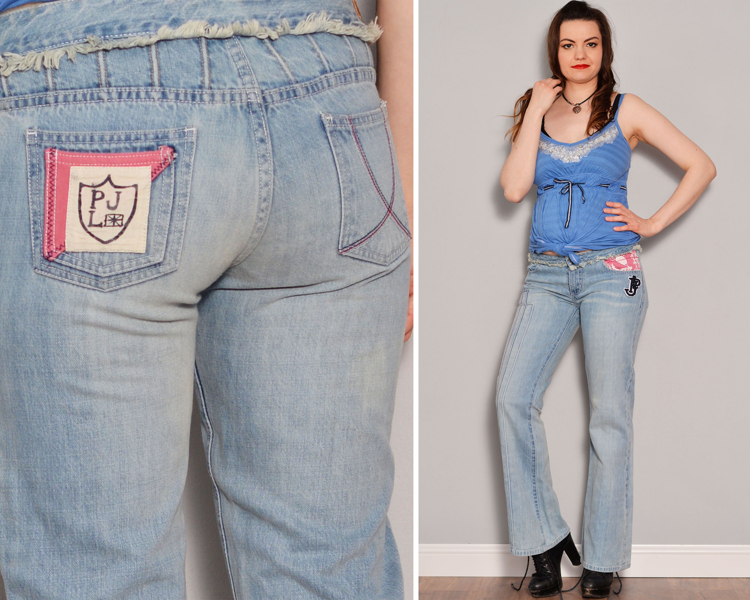 Jeans Waistline Denim Jeans Stitch Hippie Bell Flared 10 Bellbottoms Pattern Pepe - Wash Size Bottom Light Striped Patches 8 Israel to Frayed Etsy