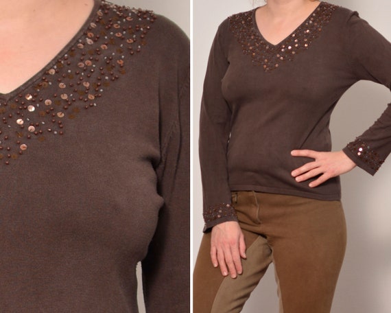 Size 8 | Sequin Beaded Applique Brown Blouse | Lo… - image 1