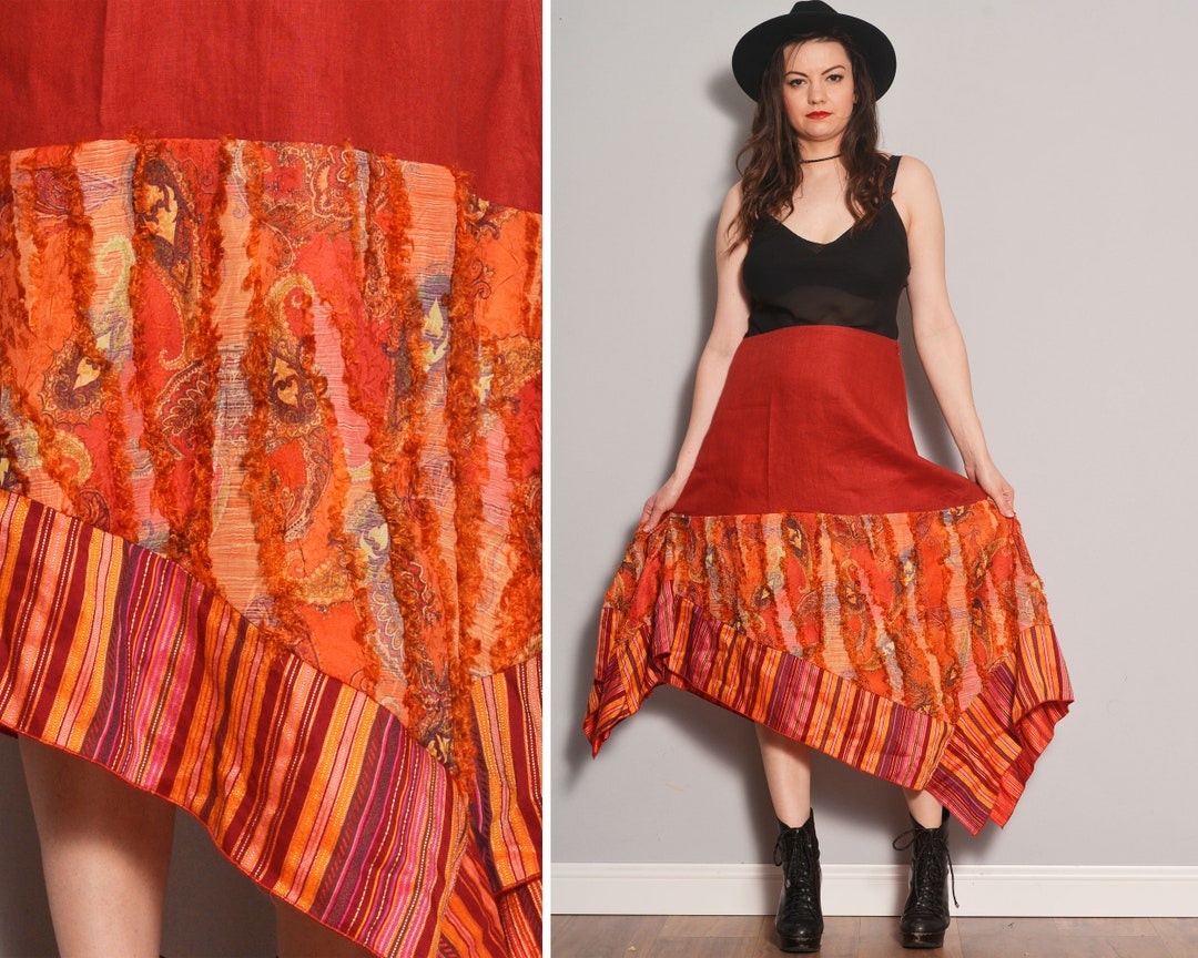 Size 10 Paisley Print Asymmetric Handkerchief Skirt Red Orange Striped ...