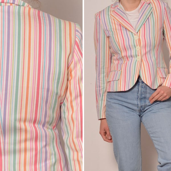 Size 8 | Pinstriped Pattern Rainbow Cotton Blazer | Pink Blue Green Happy Summer Jacket Semi Casual Colorful 90s Vintage Blazer with Pocket