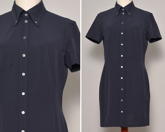Navy Blue Classic Fitted Shirt Dress | Sheath Silh