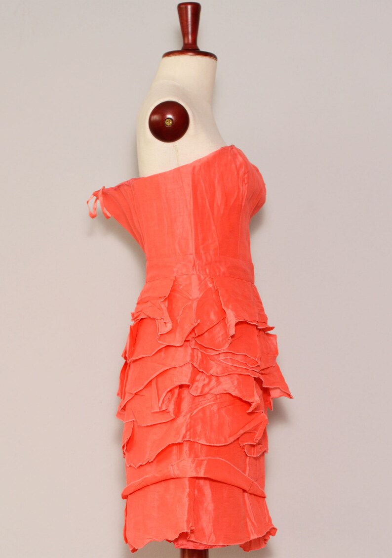 Tiered Layered Wedding Guest Dress Linen Silk Blend Coral Prom Dress Strapless Pink Ruffle Tight Dress Petite Size 0 Event Dress XXS