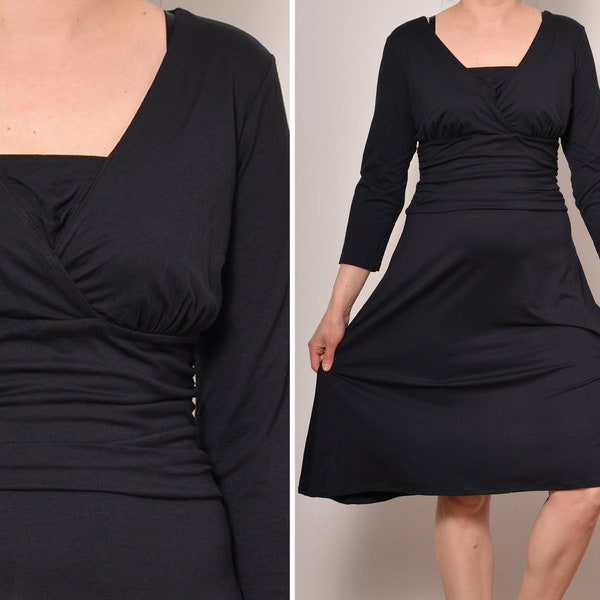 Taille 10 | Robe italienne minimaliste noire à taille cintrée | Robe trapèze froncée avec empiècement au cou | Y2K 3 4 Manches Robe taille empire ajustée | Grand