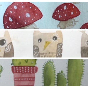 May include: Three watercolor paintings featuring different themes: red and white mushrooms, brown owls, and green cacti in red pots.