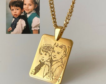 Personalisierte Halskette mit Fotogravur, individuelle Bildgravur, 14k Gold-Porträtanhänger, personalisierter Schmuck für die Familie / das Haustier, perfektes Geschenk