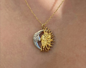 SUN AND MOON Necklace, Celestial Mystic Charm, Vintage Looking Lovers Pendant, Couples Gift