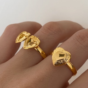 Può includere: Due anelli a forma di cuore in oro con medaglioni. Gli anelli sono indossati su un dito. Il medaglione sull'anello sinistro è aperto, rivelando una piccola iscrizione all'interno.