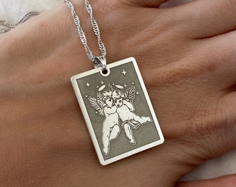 Two Angels Necklace, Cherub Angel Necklace, 925 Sterling