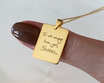 Collar de escritura a mano personalizado, escritura a mano real (suya), colgante grabado en oro de 14 k, joyería de firma personalizada, regalo perfecto