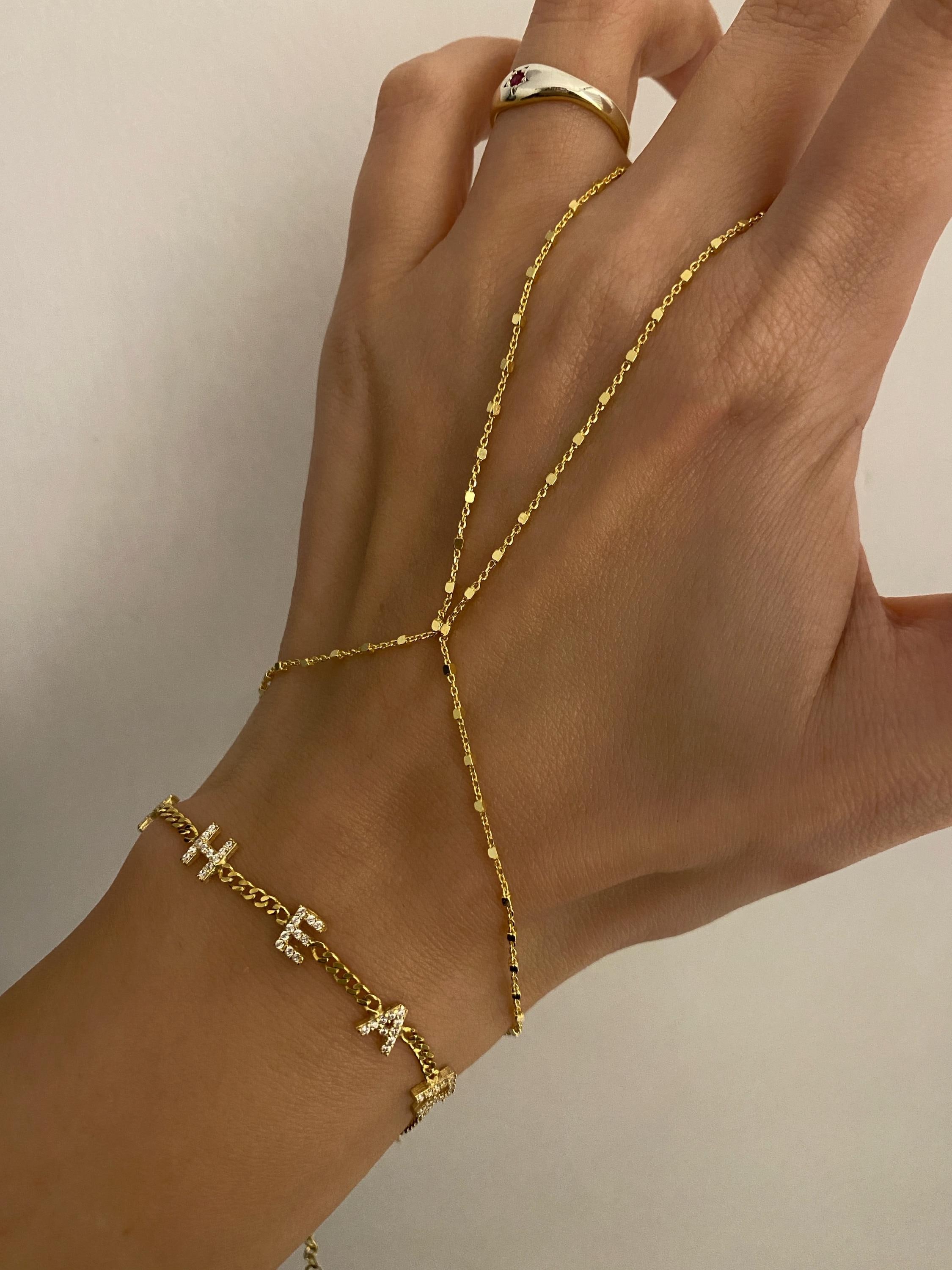 Gold Hand Chain, Bridal Hand Chain Bracelet, Silver Sahmaran, Finger Bracelet, Dainty Hand Chain Bracelet, Bezel Diamond Hand Chain Sahmeran