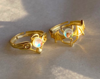 天使と悪魔のリング、スターリングシルバーの翼付きリング、友情のジュエリー、カップルギフト、クリスマスギフト