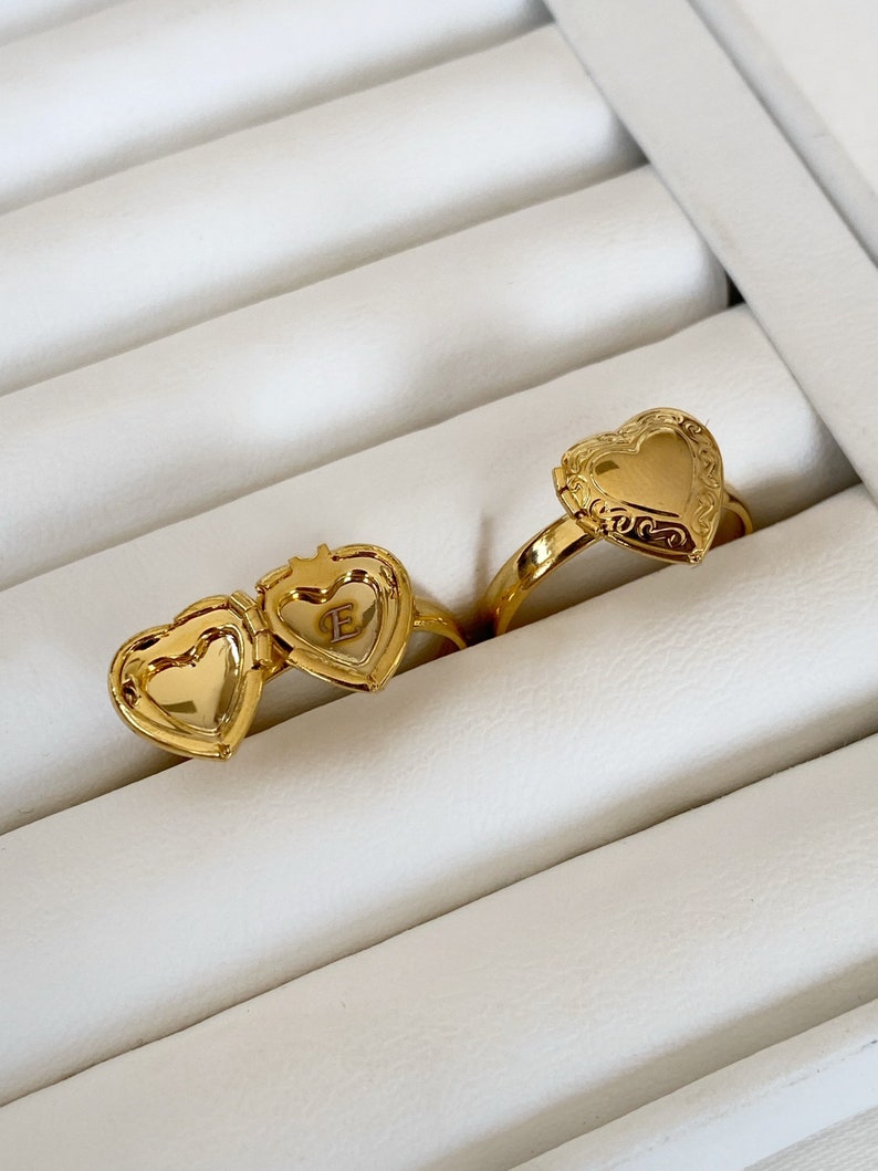 Custom Heart Locket Ring 14k Gold Plated Personalized Ring Etsy