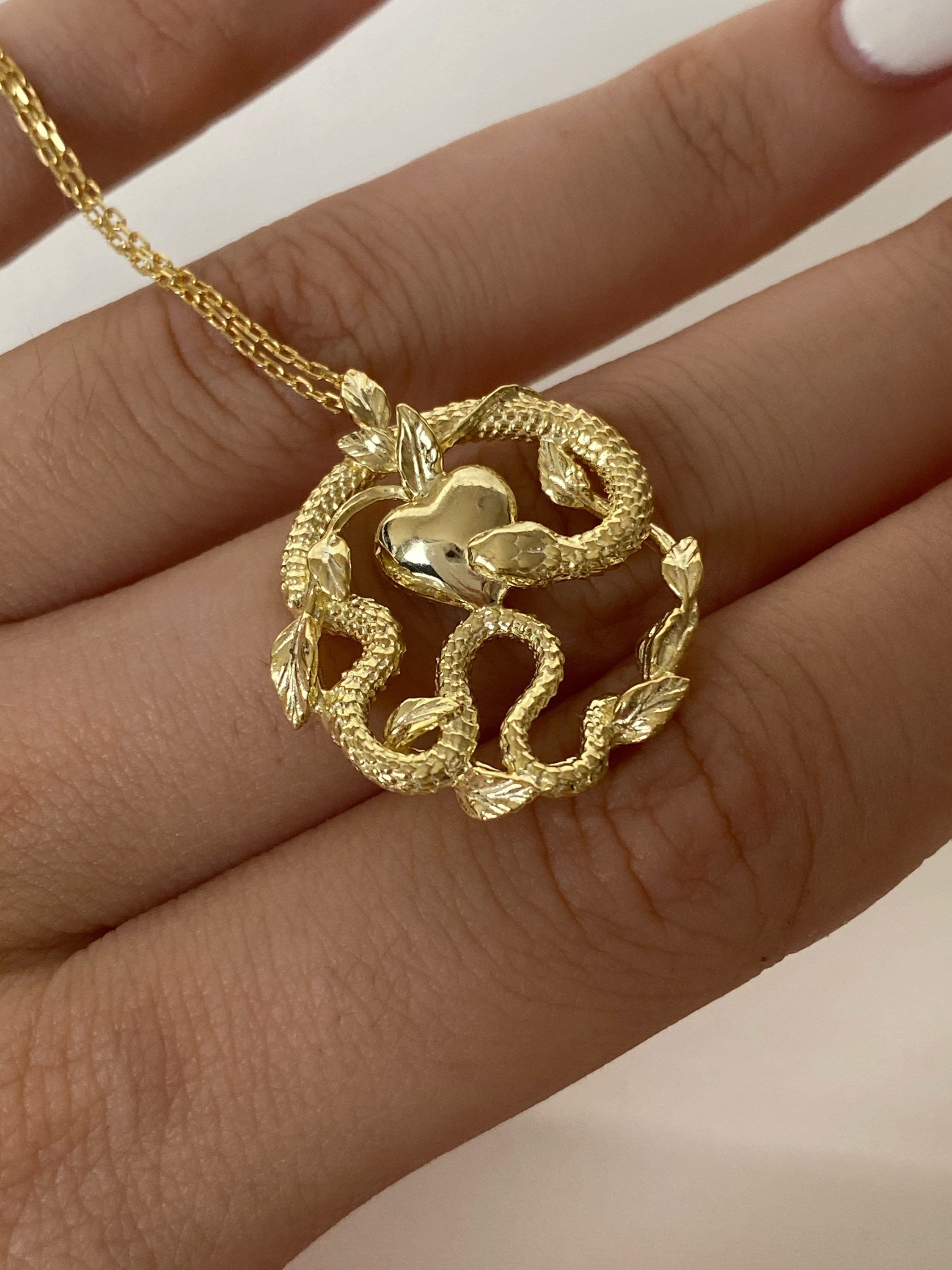 Snake Necklace, Sterling Silver Serpent Necklace, Snake and Apple Pendant, Gothic Jewelry, Gift for Her