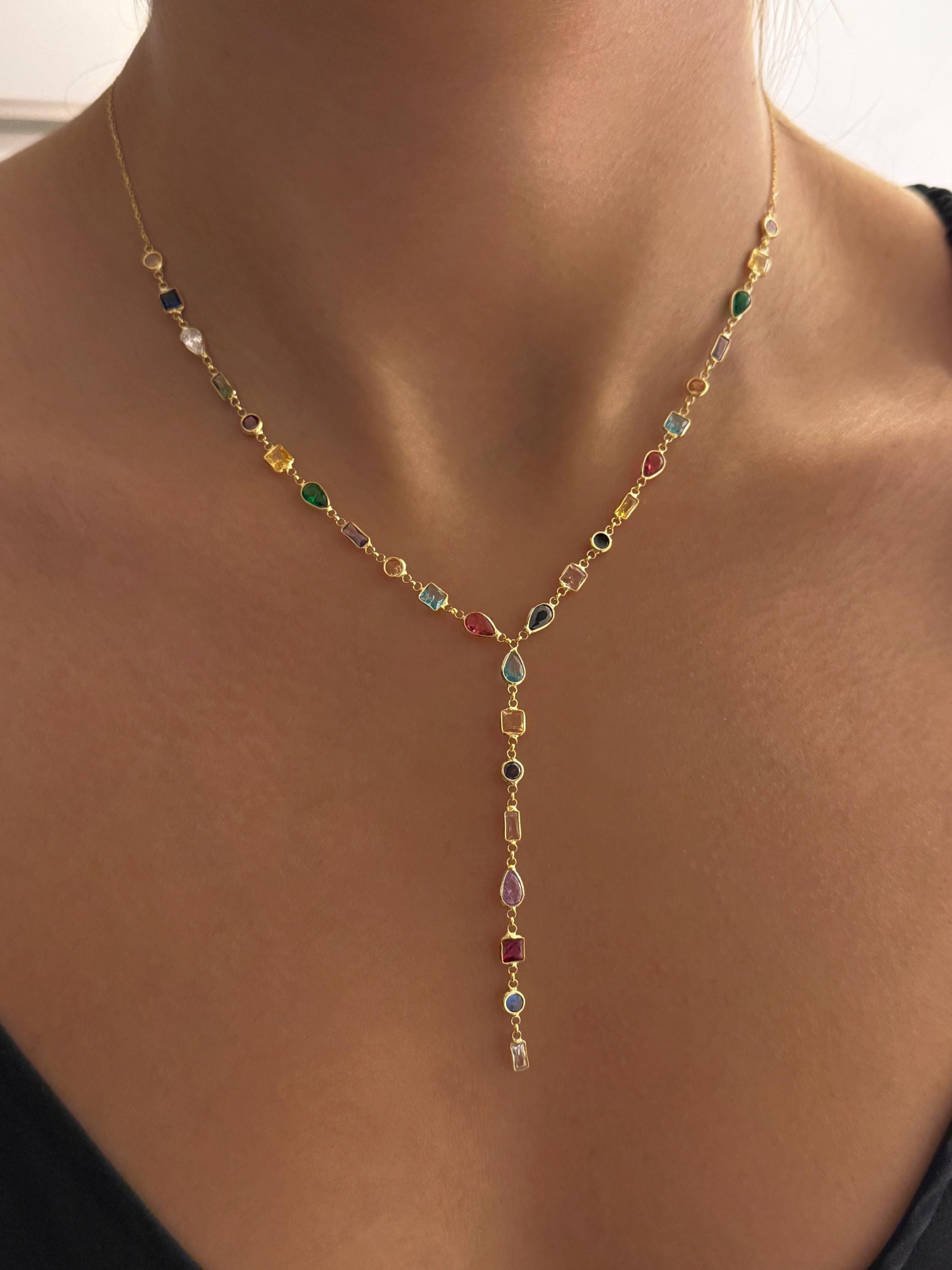 Long Lariat Necklace, Dainty Layering Y Necklace, Multi Stone Necklace, Lariat Necklace Silver Gold Rose, Multicolor Gemstone Necklace