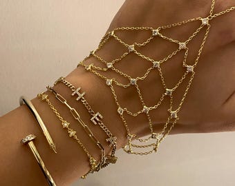 Gold Hand Chain, Bridal Hand Chain Bracelet, Silver Sahmaran, Finger Bracelet, Dainty Hand Chain Bracelet, Bezel Diamond Hand Chain Sahmeran
