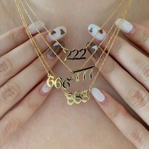 Angel Number Necklace, 14K Gold Lucky Numbers, Custom Number Jewelry, 111 222 333 444 555 666 777 888 999, Personalized Jewelry