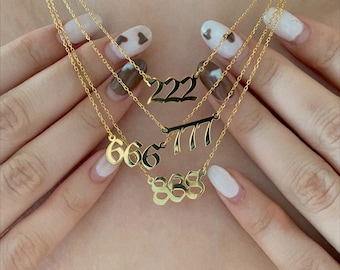 Angel Number Necklace, 14K Gold Lucky Numbers, Custom Number Jewelry, 111 222 333 444 555 666 777 888 999, Personalized Jewelry